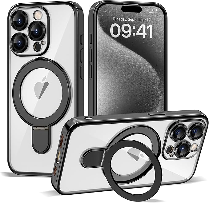 Compatible with iPhone 15 Pro Max Case with Invisible Magnetic Ring Stand [Compatible with Mag-Safe] [Full Camera Lens Protector] Plating Clear Phone Case for iPhone 15 Pro Max 6.7", Black