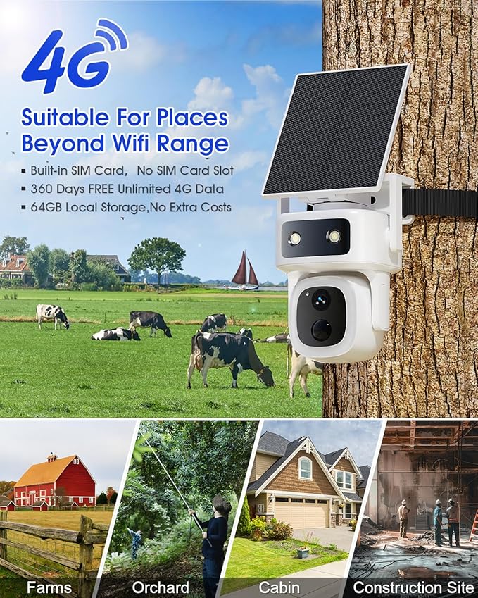maisi 4G LTE Cellular Solar Wireless Camera Outdoor, 360 Days Free Unlimited Data, Built-in SIM Card 64GB, No WiFi No Power Security Camera, 360° PTZ, 2K Color Night Vision, 2 Way Talk, AI Detection