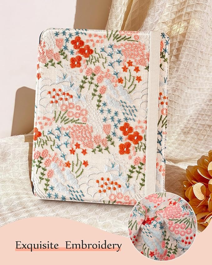 Uppuppy for iPad Air 13 Inch Case M3 2025/M2 2024, for iPad Pro 12.9 Case 6th/5th/4th/3rd Gen - Women Girls Cute Embroidered Folio Stand Cover with Pencil Holder & Card Slot Design Girly Floral Flower