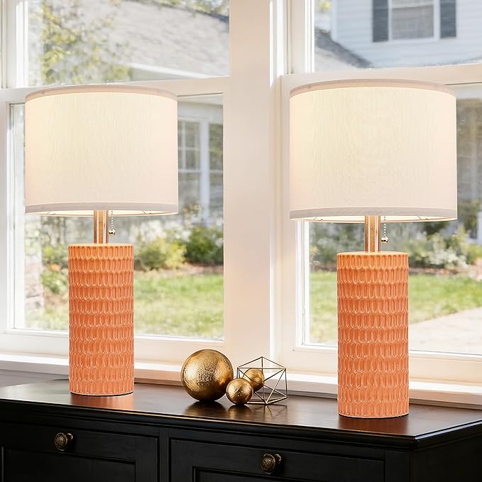 Reaketon Table Lamps for Living Room Set of 2, Ceramic Table Lamps for Bedroom, 20" Modern Lamps for Night Stands, Orange