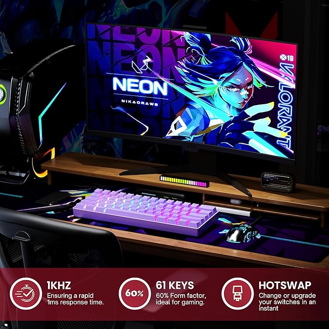 GK61 Mechanical Gaming Keyboard - 61 Keys Multi Color RGB Illuminated LED Backlit Wired Programmable for PC/Mac Gamer (Gateron Optical Yellow, Lavender)