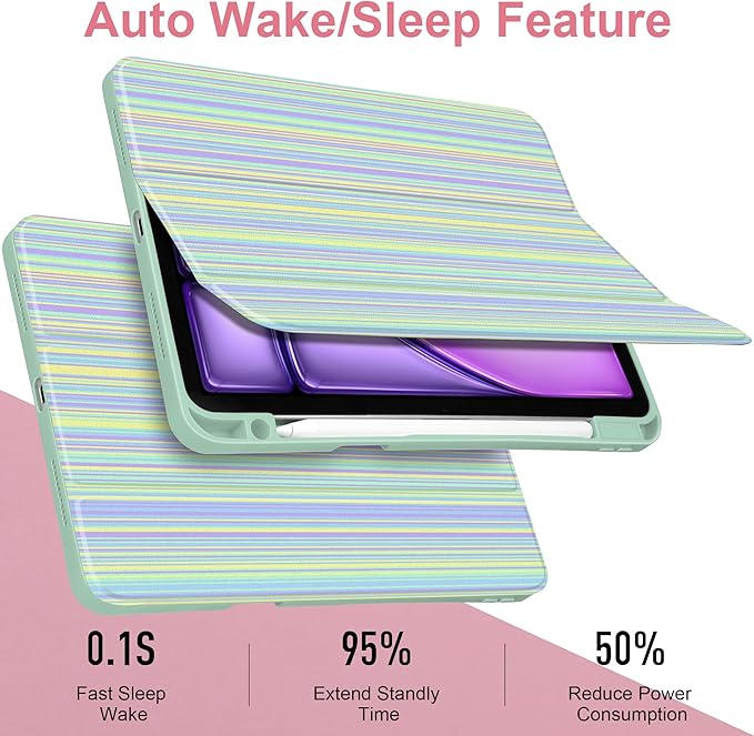 Case for iPad Air 13 inch 2026 M4 2025 M3 2024 M2 Release with Pencil Holder - Cute Preppy Design Trifold Cover with Soft TPU Bumper Clear Back Auto Sleep/Wake for Girls Women, Lines Green