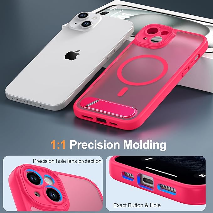 Magnetic Compatible with iPhone 15 Plus Case, [Built-in Kickstand][Full Camera Protection][Compatible with MagSafe][Anti-Fingerprint] Shockproof Phone Case for iPhone 15 Plus 6.7",HotPink