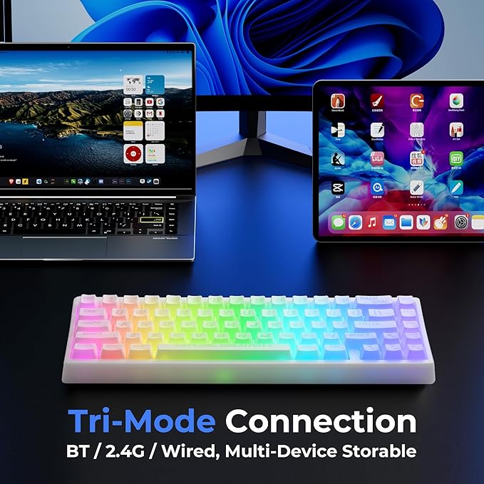 HITIME XVX M67 Wireless 60% Percent Keyboard, QMK/VIA Topographic Gaming Keyboard, Tri-Mode Thocky Creamy Mechanical Key Board, Hot Swappable Gasket Mount RGB IMD Tech for Win/Mac, Miami Theme, White
