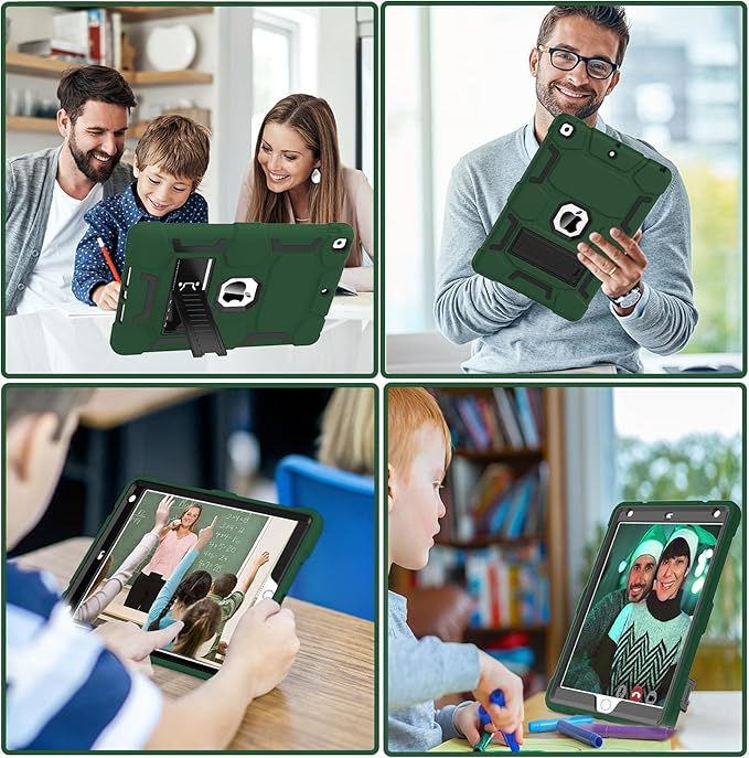 CCMAO for iPad 9th Generation Case, iPad 8th 7th Generation Case, iPad 10.2 Inch 2021/2020/2019 Case, Heavy Duty Rugged Shockproof Protective Cover with Kickstand, Dark Green+Black