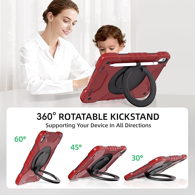 Andnary Case for iPad (A16) 11th Generation 11 inch 2025/10th Generation 10.9 inch 2022, Shockproof Cover with Screen Protector/360° Rotate Handle/Bracket/Pen Holder/Shoulder Strap (Red+Black)