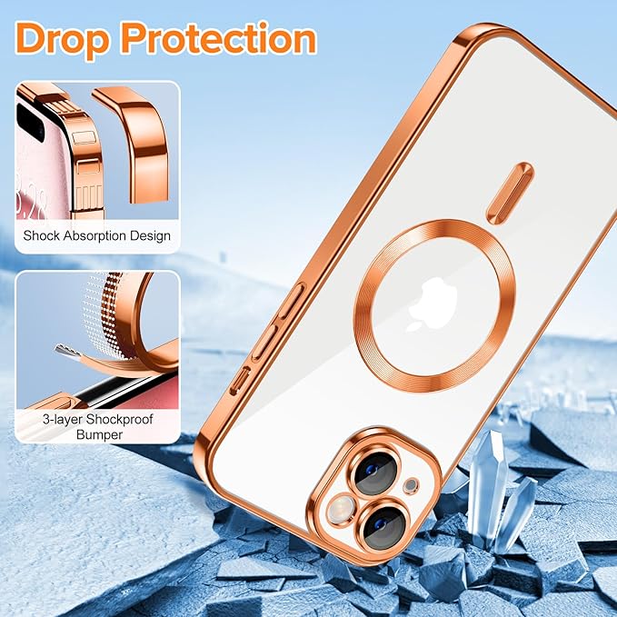Hython Magnetic Clear for iPhone 15 Plus Case with Camera Lens Protector [Compatible with MagSafe] Luxury Plating Edge Slim Soft TPU Cover Protective Phone Case for iPhone 15 Plus 6.7", Orange