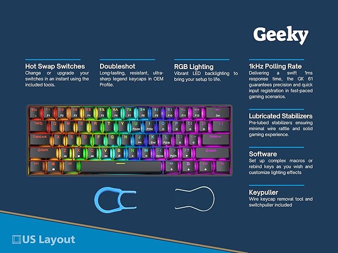 Geeky GK61 60% | Hot Swappable Mechanical Gaming Keyboard | 61 Keys Multi Color RGB LED Backlit for PC/Mac Gamer | ANSI US American Layout (Black, Mechanical Speed Silver)