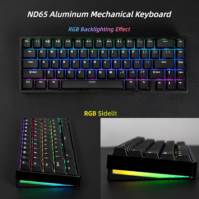 OOCTPK Chilkey ND65 Wireless Aluminum Mechanical Keyboard, 65% Layout Portable Gaming Keyboard, Tri-Mode BT5.0/2.4GHz/USB-C Hot Swappable Custom RGB Backlit Key Board for Laptop Office PC - Black