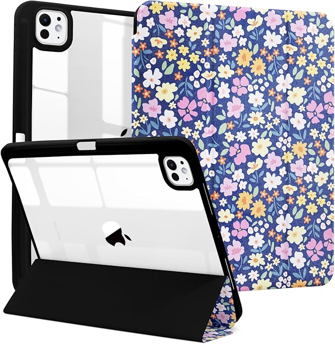 MrARTIST for for iPad Pro 11 Inch Case (M5/M4) 2025/2024 6th/5th Generation Case Cute for Women Girls Girly Kawaii Aesthetic Flowers Design for Apple Tablet Cover with Pencil Holder, Blue Floral
