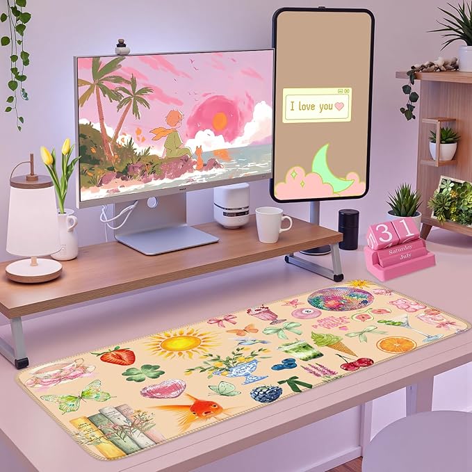 Cute Pink Boho Pastel Desk Mat Colorful Desk Mat for Keyboard and Mouse XXL Large Mouse Pad Desk Pad Mat Floral Cozy Aesthetic Desk Decor for Women Girl Teacher