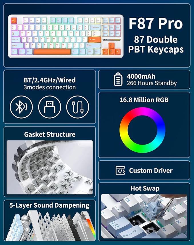 Aula F87 Pro Wireless Mechanical Keyboard, 87-Key TKL Tri-Mode (BT5.0/2.4G/USB-C), Hot Swappable Gasket Mount Keyboard, 4000mAh Battery, RGB Backlit PBT Keycaps Custom Gaming Keyboard for PC Mac