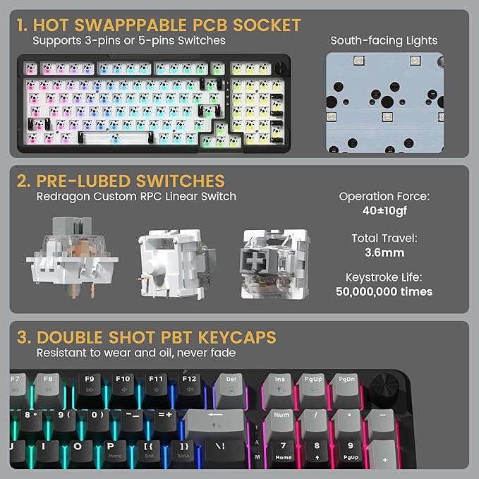 Redragon K742 Wireless Mechanical Gaming Keyboard with Knob, Bluetooth 5.0/2.4GHz/USB C Wired Creamy Keyboard with Number Pad for PC Computer, RGB Backlits, Hot-Swappable with Linear Switches (Black)