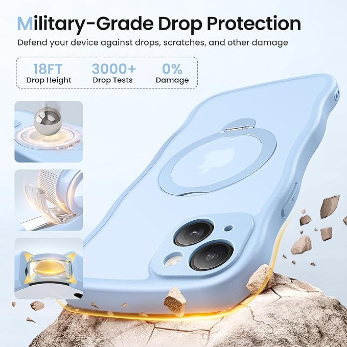 CAPRARO for iPhone 15 Plus Case with 360° Spin Magnetic Stand for Women, [Compatible with MagSafe] [Full Camera Protection] Cute Wave Translucent Matte Case for iPhone 15 Plus, Sky Blue