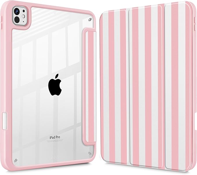 May Chen for iPad Pro 13 Inch Case M5 2025 / M4 2024, Built Pencil Holder & Clear Transparent Print Back Shell Slim Stand Shockproof Tablet Cover, Auto Wake/Sleep, Pink Stripes
