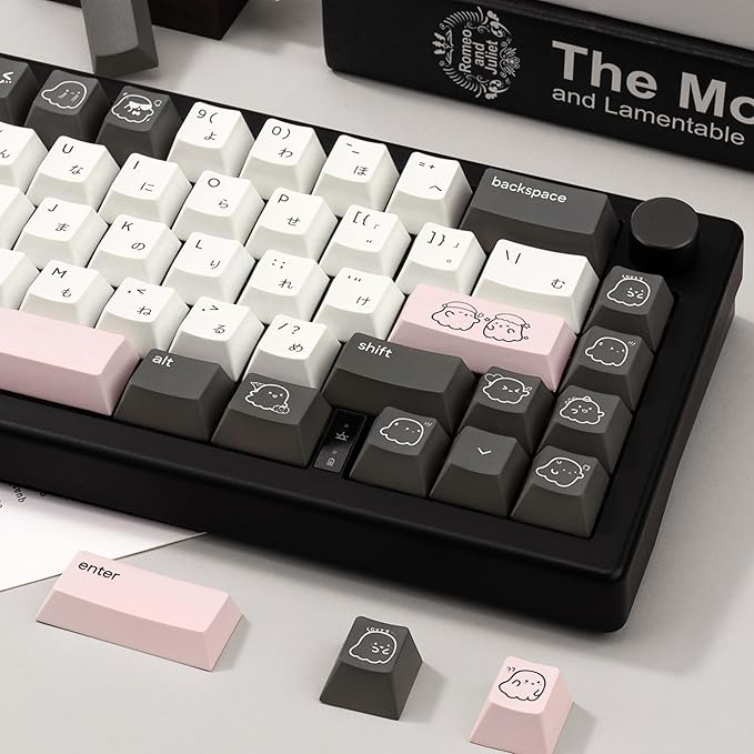 134keys Custom PBT Keycaps - Minimalist Style Black White Keycap Cherry Profile Dye Sub - Cute Japanese Keycaps Set for 60% 65% 75% 100% Percent Cherry MX Mechanical Keyboard