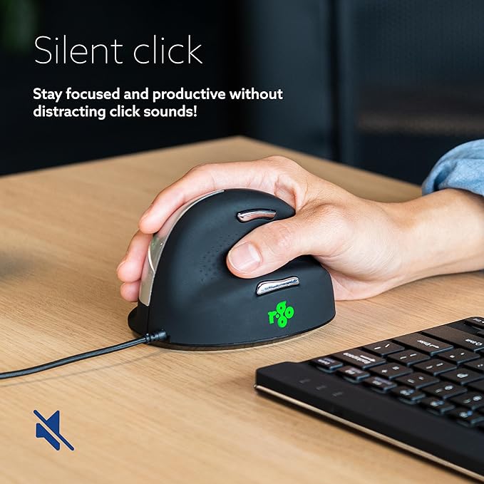 R-Go HE Ergonomic Mouse, with Break Software, USB-C Wired (with USB A Converter), Vertical Design, Anti Carpal Tunnel, Silent Click, Customisable Buttons, Compatible for Windows/Mac OS, Black/Silver