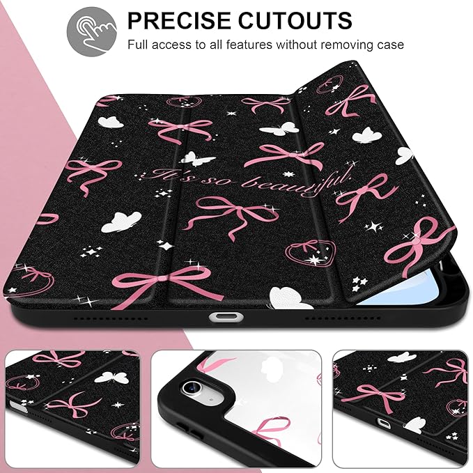 Case for iPad Air 11 inch M4 2026 M3 2025 M2 2024,iPad Air 5th (2022) / 4th (2020) 10.9 Inch Clear Back Shell Lightweight Shockproof Trifold Stand Auto Wake Sleep Cute Cover, Pink Bow