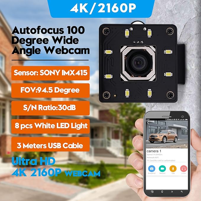USB Camera 4K Autofocus Webcam High Resolution UHD 2160P Camera with 8pcs White LEDs,100°No Distortion Lens Webcamera with IMX415 Sensor,30fps Plug and Play Web Cam for Video Conference