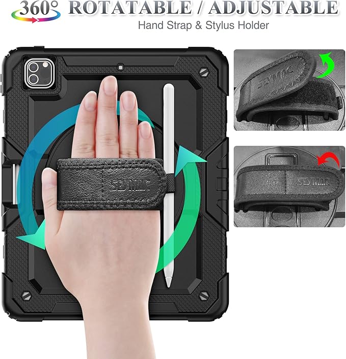 SEYMAC stock Case for iPad Pro 12.9'' 2022/2021/2020/2018 with Screen Protector 360 Rotating Stand Hand Strap, Drop-Proof Case for iPad Pro 12.9''(6th/5th/4th/3rd Generation), Black