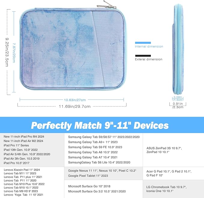 MoKo 9-11 Inch Tablet Sleeve Case, Fits New 11inch iPad Air M4/Pro M5, iPad A16 11", i-Pad 10/9/8/7th/Air 5/4th 10.9"/10.2", Tab S9/S8 11", Protective Bag Carrying Case with Pocket, Sea Blue