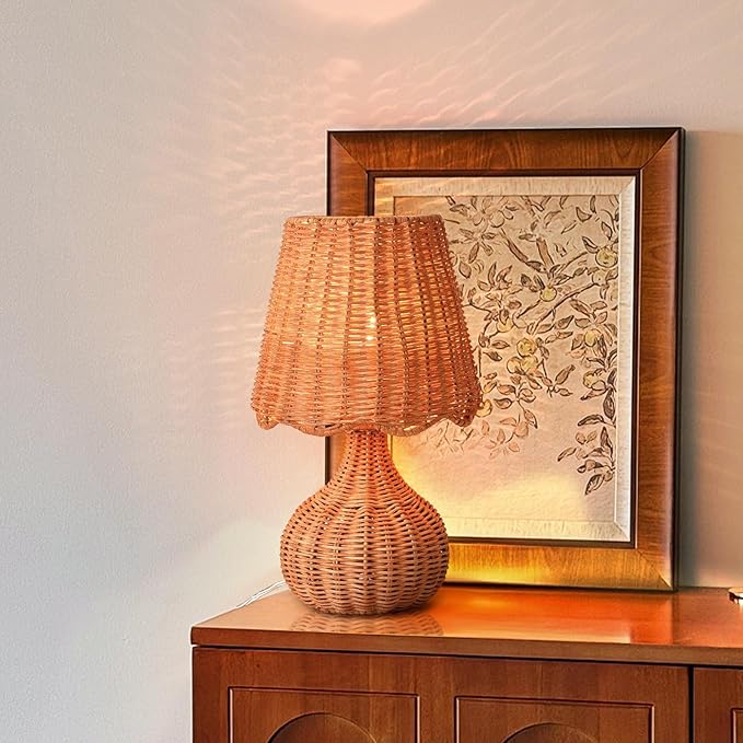 Ziqqeelam Rattan Table Lamp for Bedroom, Boho Small Table Lamps for Bedside, Farmhouse Mini Small Table Lamps for Small Spaces for Kitchen Counter, Bookshelf, Nightstand, Bedroom, Kids Dorm