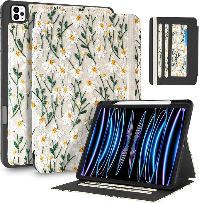Uppuppy for iPad Air 13 Inch Case M3 2025/M2 2024, for iPad Pro 12.9 Case 6th/5th/4th/3rd Gen - Women Girls Cute Embroidered Folio Stand Cover with Pencil Holder & Card Slot Girly White Daisy Flowers