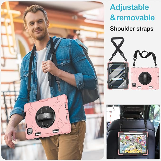 Case for iPad Pro 11 M5 2025/ M4 2024: Protective Cover for iPad Pro 11 Inch 5th Generation with Screen Protector- Stand- Handle- Shoulder Strap- Pencil Holder-Black+Rose Gold