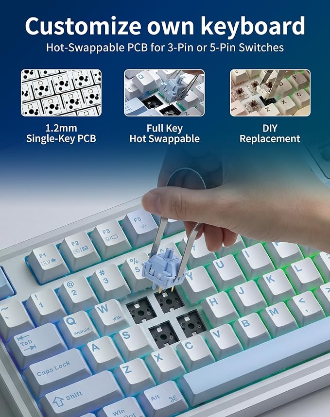 Aula AU75 Wireless Mechanical Keyboard, Hot Swap Gasket Gaming Keyboard with Knob, BT/2.4G/Wired Custom Keyboard, 4000mAh Battery, 75% Five-Layer Padding PBT Keycaps, RGB Side-Strip for Win/Mac/PC