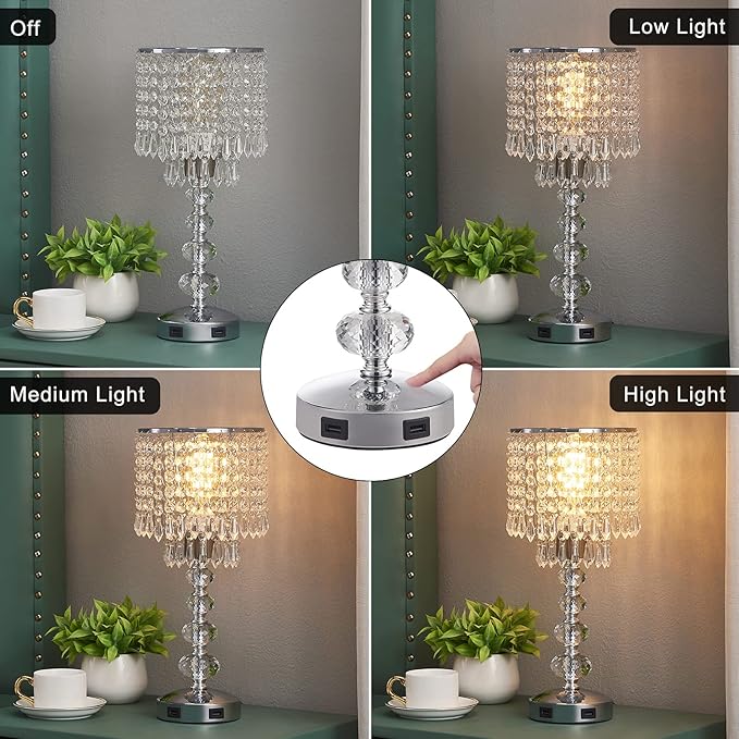 Crystal Table Lamps for Bedroom Nightstand - Touch Bedside Lamps with Two USB Charging Ports Silver, 3 Way Dimmable Small Glam Lamp for Girls, Night Stand Lamp for Living Room