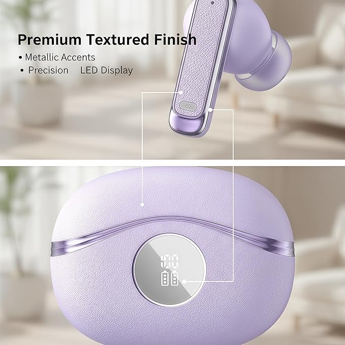 Bluetooth Wireless Earbuds - 40-Hour Battery Life, HiFi Stereo, Noise-Canceling Mic, LED Display, IPX7 Waterproof, in-Ear Headphones for Laptops/Mobile Phones/Sports, Purple