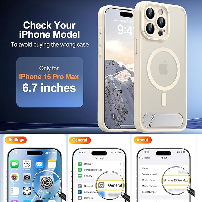 Magnetic Compatible with iPhone 15 Pro Max Case, [Built-in Kickstand][Full Camera Protection][Compatible with MagSafe][Anti-Fingerprint] Shockproof Phone Case for iPhone 15 Pro Max 6.7",Beige