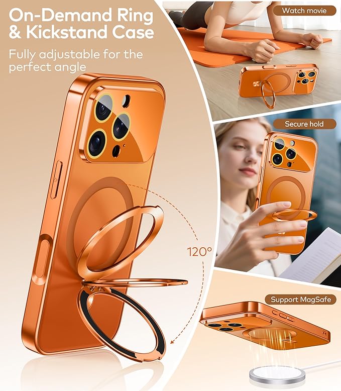 TOBOVON Magnetic for iPhone 16 Pro Max Case with Ring Stand, Fits MagSafe, with Built-in Camera Lens Protector, Slim Electroplated Shockproof Phone Cover, Orange