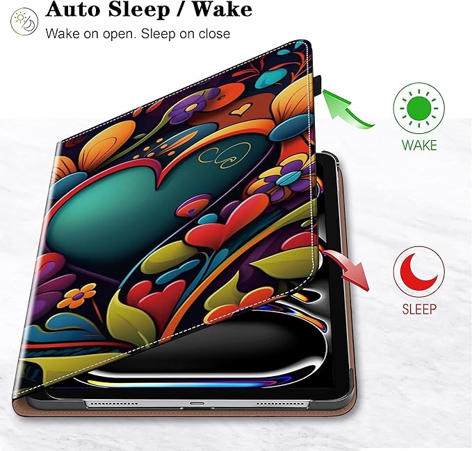 Case for iPad Pro 13 inch (M5/M4) 2025/2024, Premium Leather Folio Stand Protectors Cover with Auto Wake/Sleep, Pencil Holder, Hand Strap and Card Slots - Watercolor