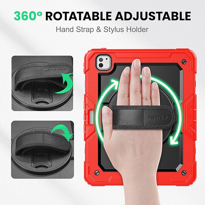 SEYMAC Case for iPad Pro 13 Inch M5 2025 / M4 2024, Heavy Duty Shockproof Protective Case with Screen Protector, 360° Rotating Stand, Hand/Shoulder Strap and Pen Holder, Red