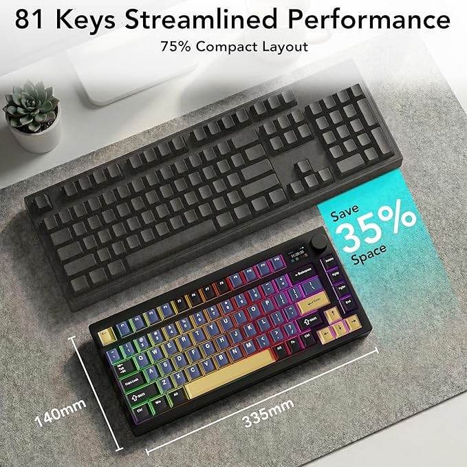 TECWARE Spectre 75 Mechanical Gaming Keyboard | Customizable LCD Screen Display & Knob | Tri-Mode Wireless Bluetooth 2.4GHz | Gasket Mount Hot Swappable | Ocean Gold Red Linear Switches