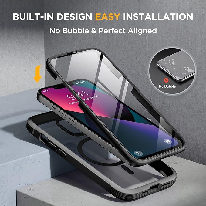 Miracase for iPhone 13 Case 6.1'',Full-Body Magnetic Clear Bumper Case with Built-in 9H Tempered Glass Screen Protector,Military Drop Protection Outdoor Phone Case,Black