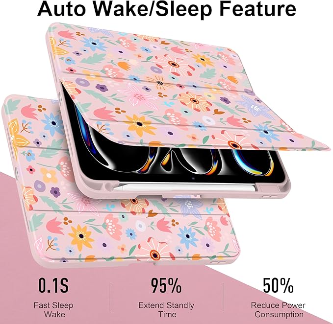 Case for iPad Pro 11 inch (M5) 2025 (M4) 2024 Release Slim Lightweight Cute Light Pink Cover with Clear Back TPU Edge Pencil Holder Trifold Stand, Colorful Flowers