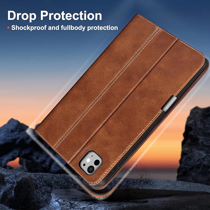 Gexmil Genuine Leather Case for iPad Pro 11 Inch (M5/M4) 2025/2024 with Pencil Holder,Protective Shockproof Leather Smart Folio Cover Adjustable Stand Auto Sleep/Wake Anti-Slip,Vegetable Tanned Brown