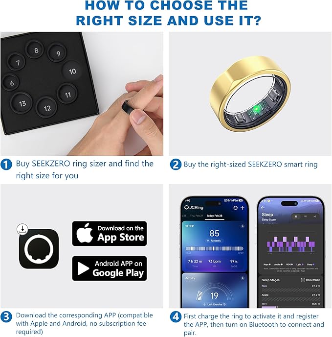 Smart Ring for Women Men, Titanium Fitness Ring with Heart Rate, Stress & Sleep Monitoring,Step & Calorie Counter, 5ATM Waterproof for iPhone and Android,No Subscription Fee (Gold 8)