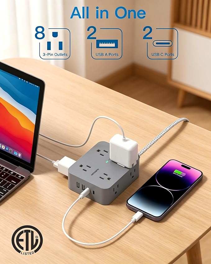 HANYCONY 10 Ft Surge Protector Power Strip, Extension Cord with 8 AC Outlets 4 USB (2 USB C) Ports, Flat Plug, Wall Mount Desk USB Charging Station for Home