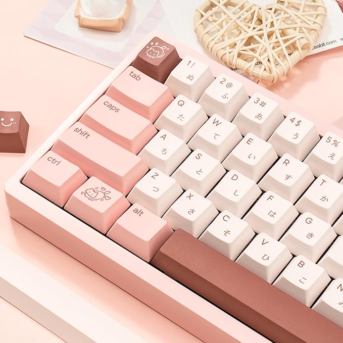 Cute Marshmallow Keycaps 134keys - PBT Cherry Profile Japanese Keycap - Five-Side Dye-Sublimation Pink & Off-White Keycaps Set Compatible with 60% 65% 75% TKL 104/108 Mechanical Keyboards