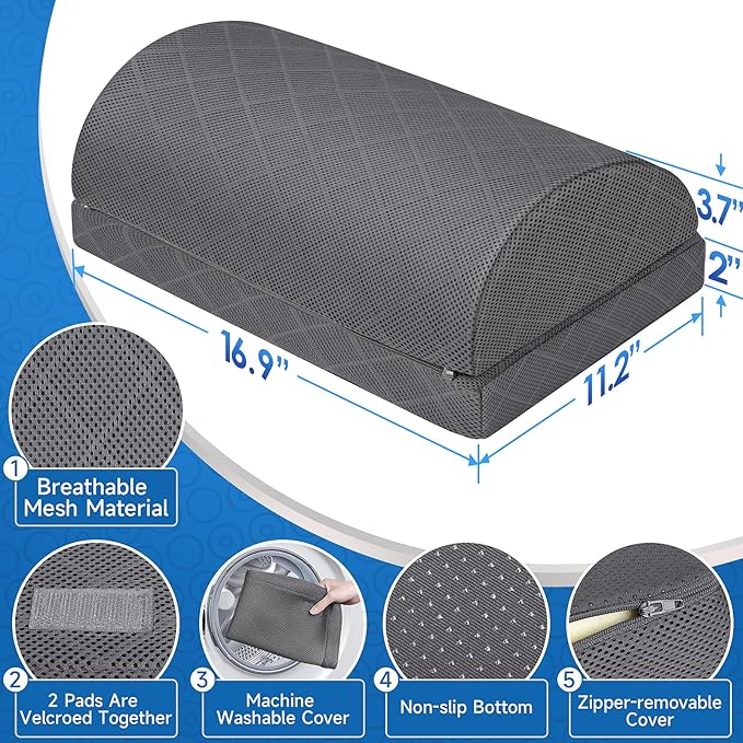 CushZone Foot Rest for Under Desk at Work Adjustable Foam for Office and Home, Office Desk Accessories，Comfortable Footrest with 2 Adjustable Heights，Back & Hip Pain Relief (Gray-16.9 in)