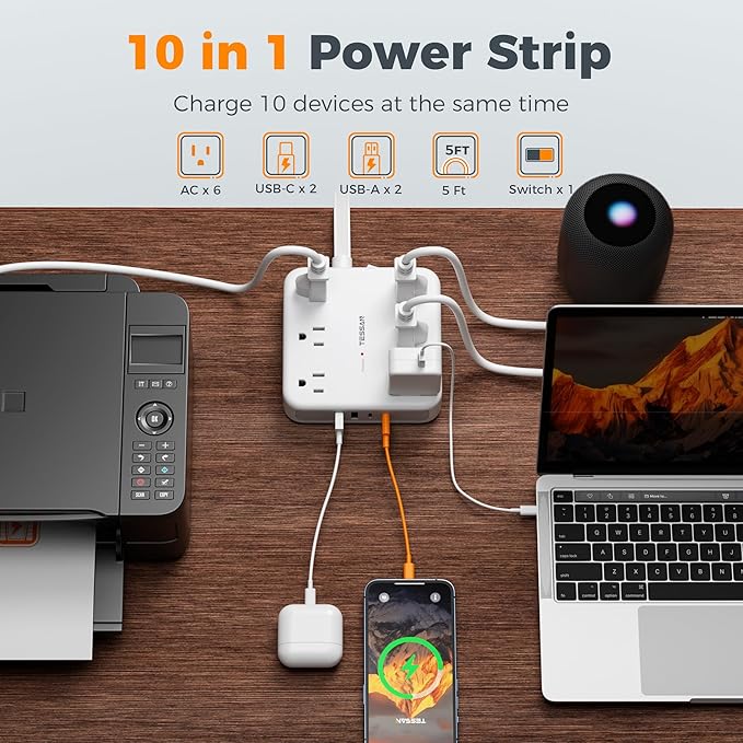 TESSAN 5Ft Grey Extension Cord with Multiple Outlets, 2100J Surge Protector Power Strip with 6 Outlets and 4 USB Ports (2 USB C), 1875W 15A, 20W Multi Outlet Extender for Home, Office, Dorm