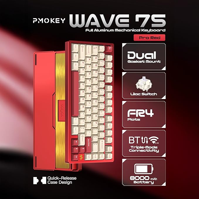 KEEBMONKEY PMOKEY Wave 75 CNC Aluminum Quick Release Tri-Mode Wireless Gaming Keyboard,QMK/VIA Tri-Mode Mechanical Keyboard with 8000mAh Battery,Hot-Swappable with RGB for Windows/Mac/PC (Pro Red)