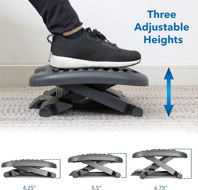 Mount-It! Ergonomic Under Desk Footrest with Massage Rollers, Adjustable Height & 30° Tilt Foot Rest Under Desk (4.25"–6.75"), Office Foot Stool with Non Slip Surface