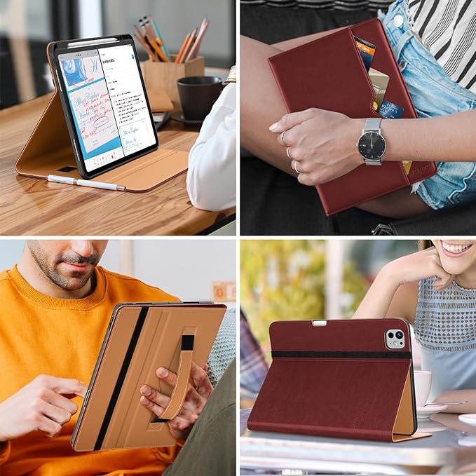 DTTO for iPad Pro 13 inch Case (M5/M4) 2025/2024, Premium Leather Business Folio Stand Cover with Pencil Holder - Auto Wake/Sleep & Multiple Viewing Angles, Built in Hand Strap & Pocket, Burgundy Red