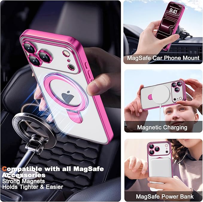 Compatible with iPhone 17 Pro Case with Invisible Magnetic Ring Stand [Compatible with Mag-Safe] [Full Camera Lens Protector] Plating Clear Phone Case for iPhone 17 Pro 6.3", Rose