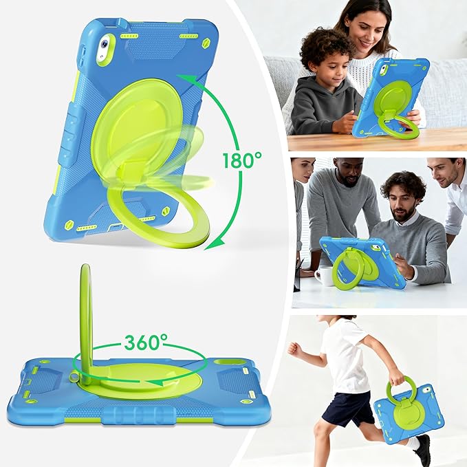 Andnary Case for iPad (A16) 11th Generation 11 inch 2025/10th Generation 10.9 inch 2022, Shockproof Cover with Screen Protector/360° Rotate Handle/Bracket/Pen Holder/Shoulder Strap (Blue+Green)