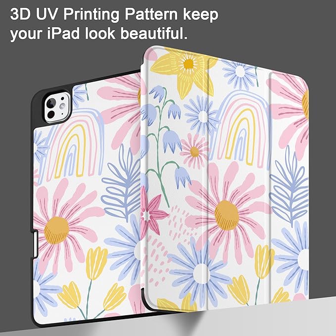 DONGKE Case for iPad Pro 11 inch (M5 2025 / M4 2024, 6th & 5th Generation) – [Built-in Pencil Holder] Ultra Slim PU Leather Trifold Stand Cover with Soft TPU Back, Auto Wake/Sleep, Colorful Florals